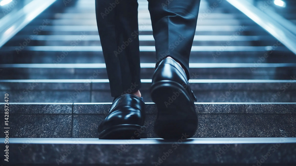 Closeup of determined businessman's feet ascending a steep staircase dynamic angle and motion blur convey a sense of ambition progress and overcoming challenges in a corporate setting Closeup of determined businessman's feet ascending a steep staircase dynamic angle and motion blur convey a sense of ambition progress and overcoming challenges in a corporate setting