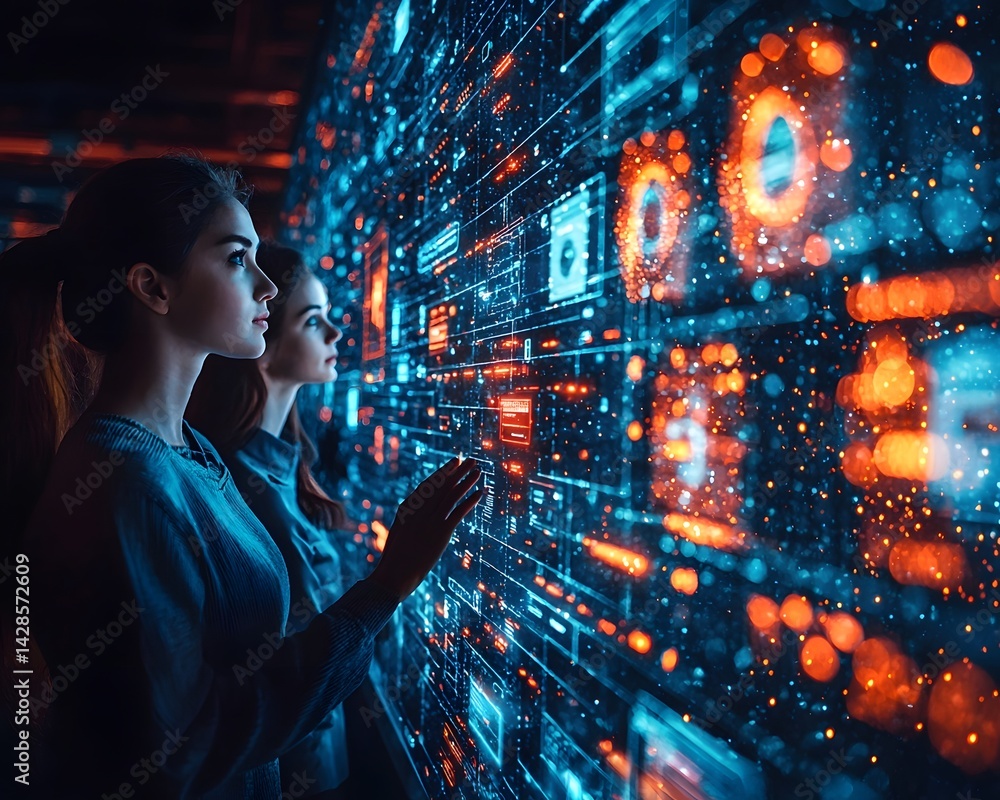 Data analysts collaborating on a virtual dashboard to detect financial fraud