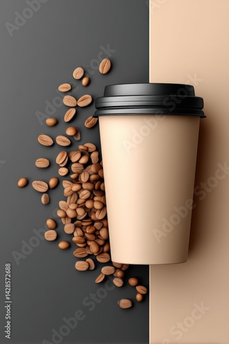 Obraz na płótnie Minimalist Coffee Cup with Roasted Beans on Neutral Background w salonie