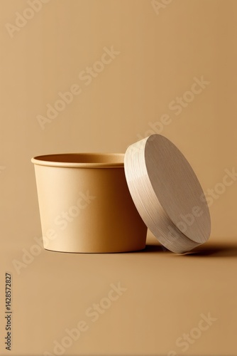 Obraz na płótnie Minimalist Cream Container with Natural Wooden Lid on Neutral Background w salonie
