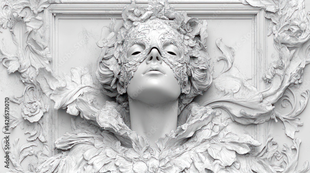 Fototapeta premium Sculpted Woman in Ornate Floral Frame