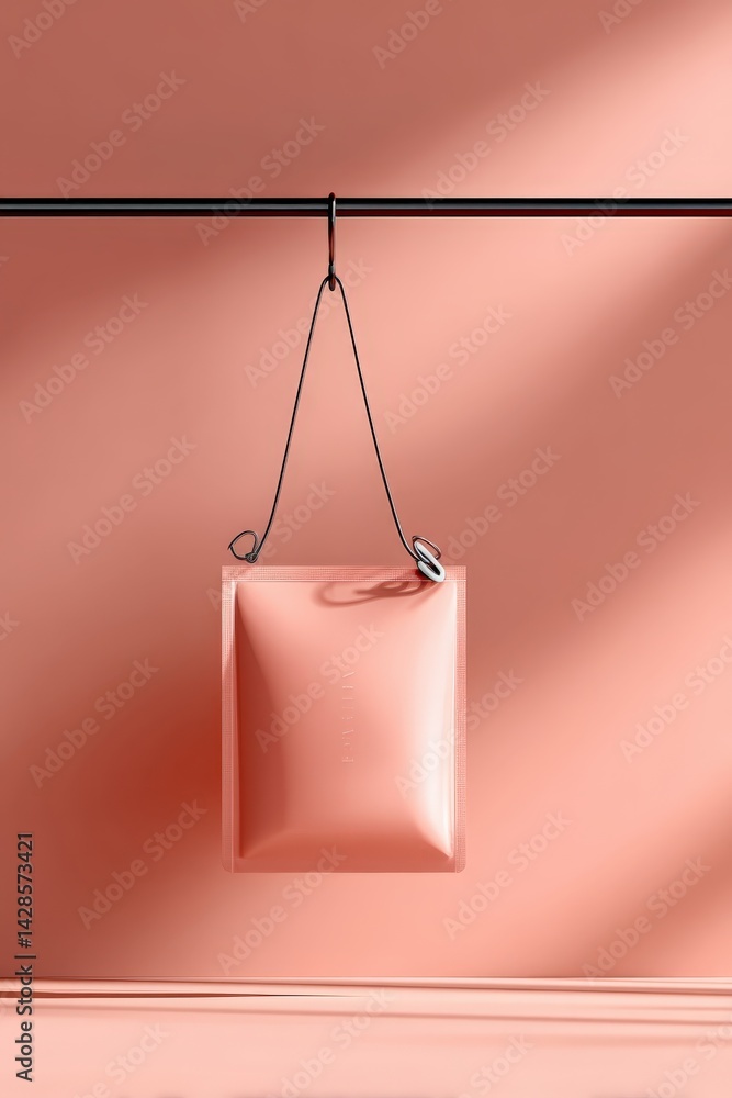 Minimalist Pink Display of Hanging Bag on Simple Background