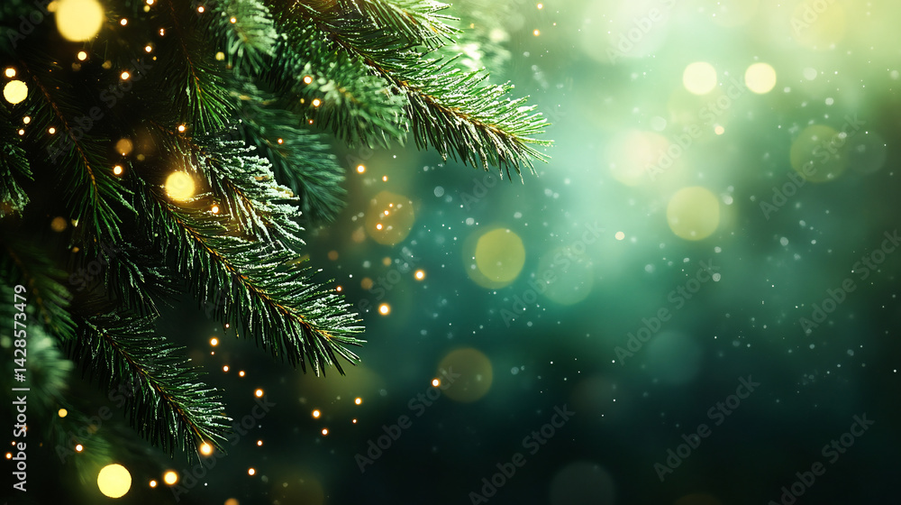 Closeup of fir tree branch with bokeh lights rich emerald needles contrast with soft focus background evokes cozy christmas mood Closeup of fir tree branch with bokeh lights rich emerald needles contrast with soft focus background evokes cozy christmas mood