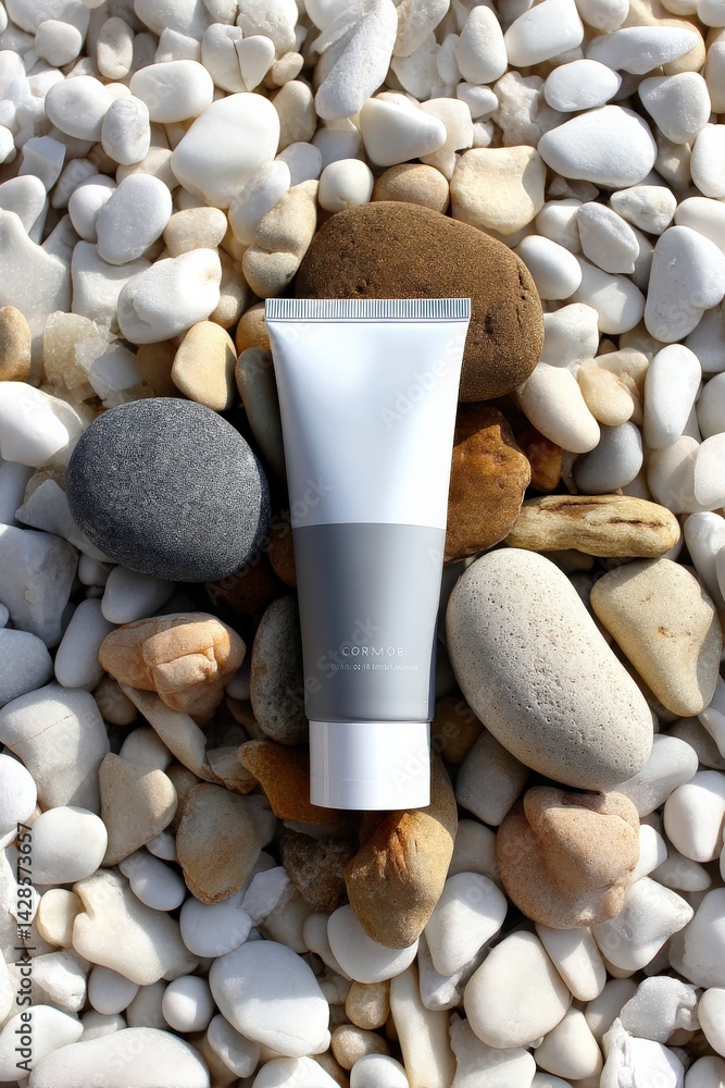 Minimalist Skincare Product on Smooth Stones by the Beach