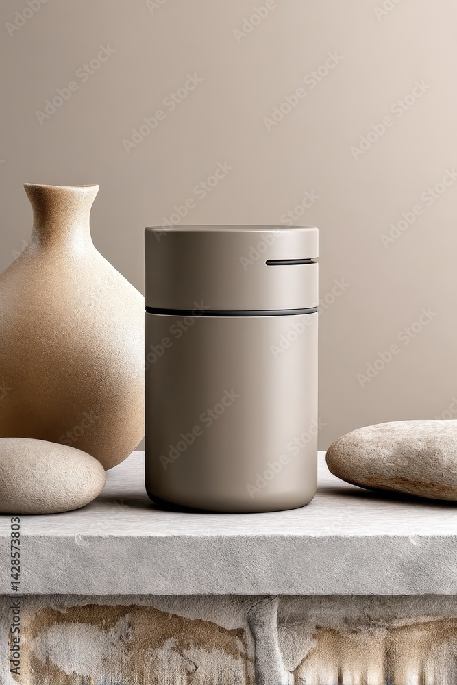 Minimalist Storage Container and Decorative Elements on Stone Surface