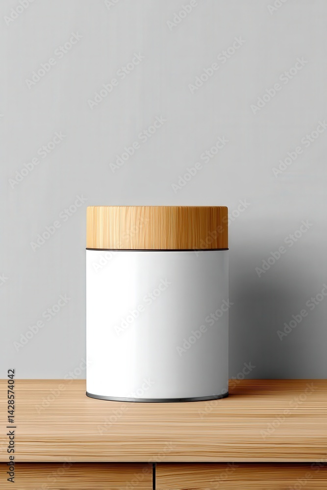 Minimalist White Container with Wooden Lid on Simple Wooden Surface