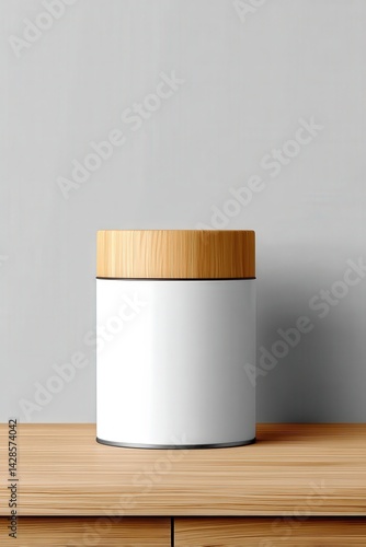 Obraz na płótnie Minimalist White Container with Wooden Lid on Simple Wooden Surface w salonie