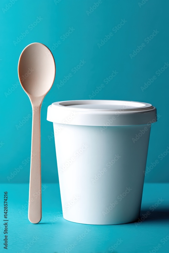 Minimalist White Cup with Spoon on a Bright Blue Background