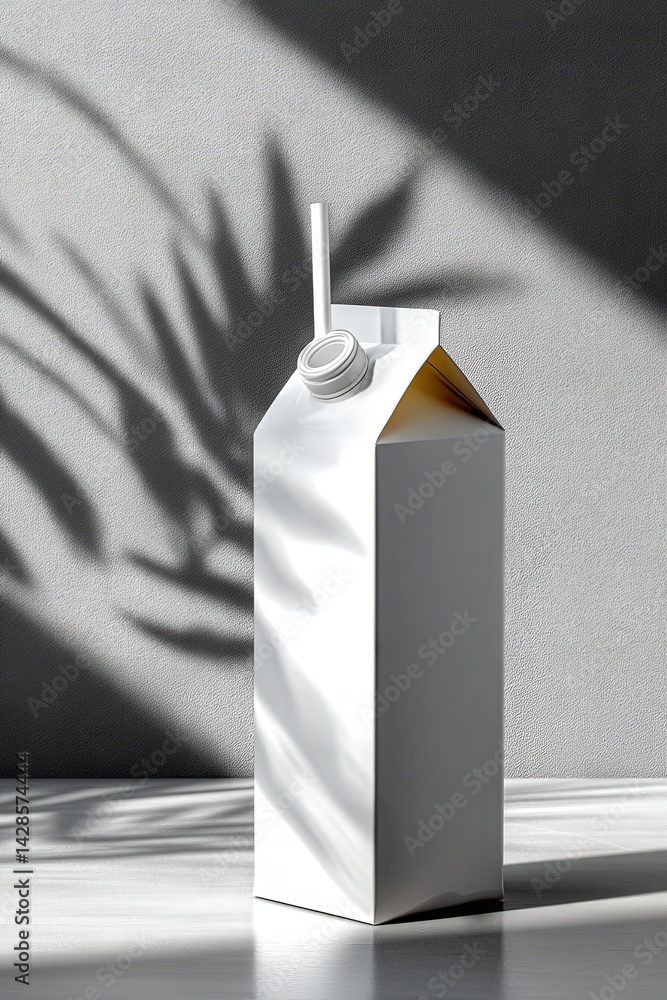 Minimalist White Milk Carton with Straw and Shadow Play on Wall