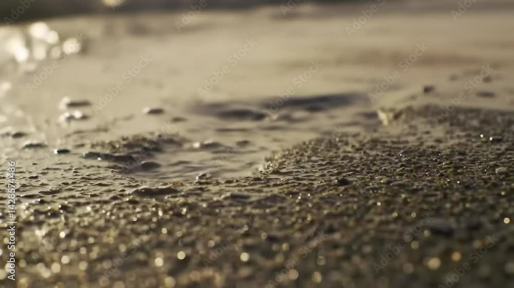 Close-up of a Water Droplet Pooling in Sandy Shoreline with Gentle Waves Lapping, Capturing the Beauty of Natural Textures and Light Reflections at the Beach Close-up of a Water Droplet Pooling in Sandy Shoreline with Gentle Waves Lapping, Capturing the Beauty of Natural Textures and Light Reflections at the Beach