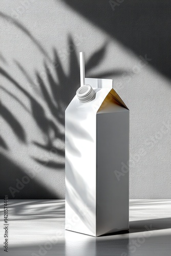 Obraz na płótnie Minimalist White Milk Carton with Straw and Shadow Play on Wall w salonie