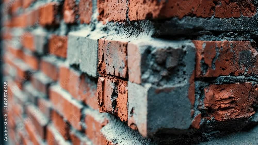Detailed perspective of a worn brick wall corner, showcasing its rough surface and raw architectural elements.