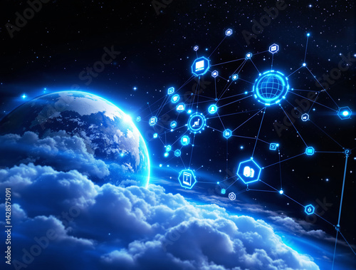 Wallpaper Mural Glowing tech network with digital icons and connections floating in deep space above Earth and clouds at night, futuristic concept of global communication, Ai generative Torontodigital.ca