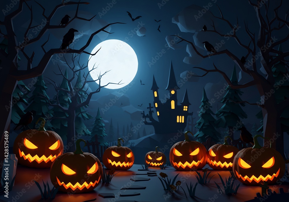 Fototapeta premium Spooky Halloween Night Scene with Jack-o'-Lanterns and Castle