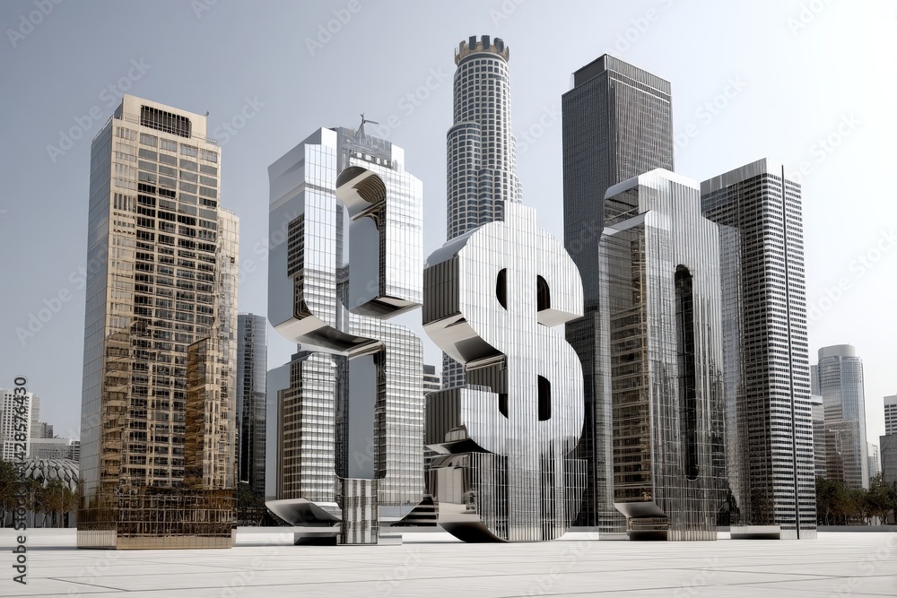 Modern Cityscape with Giant Dollar Symbols and Skyscrapers Display