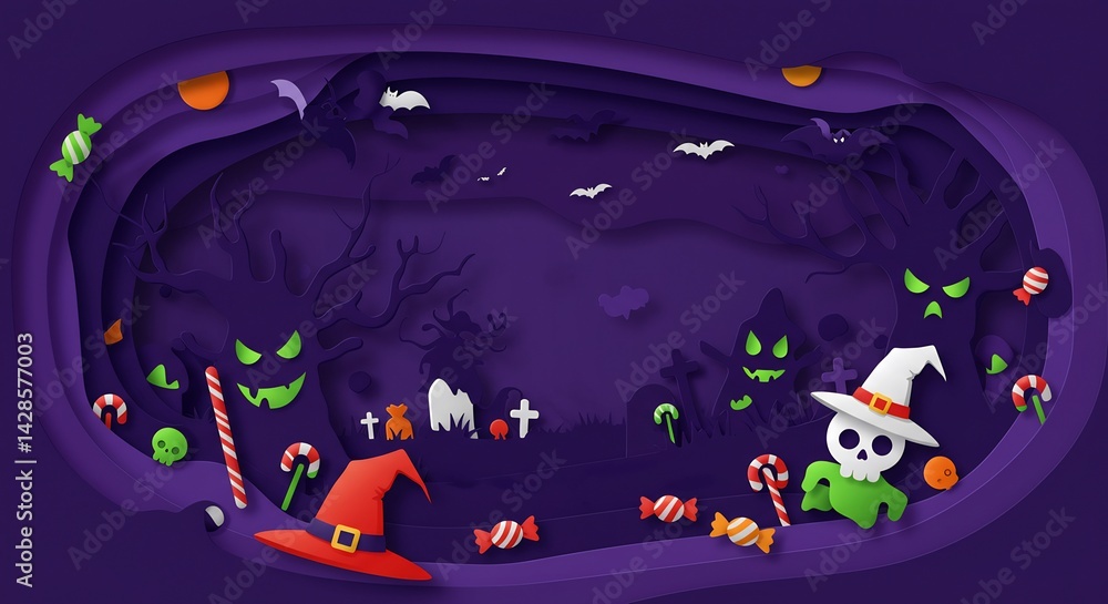 Naklejka premium Spooky Halloween Paper Art Scene with Candy and Skulls