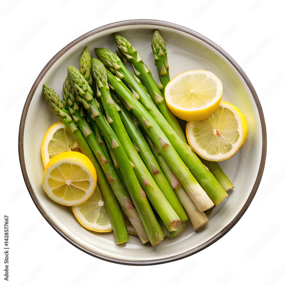 Green Asparagus Spears with Bright Yellow Lemon Slices on a Round Plate on transparent background png Green Asparagus Spears with Bright Yellow Lemon Slices on a Round Plate on transparent background png