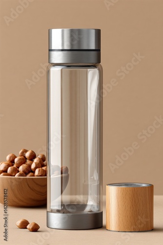 Modern Glass Water Bottle with Wooden Lid and Nuts in Background