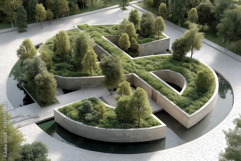 Modern landscape architecture with greenery and water feature design