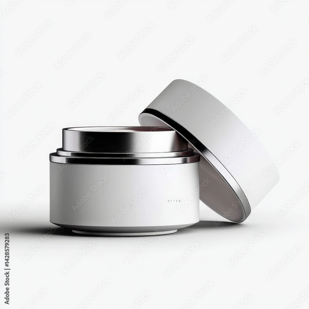 Modern Minimalist Cosmetic Container with Open Lid and Reflection