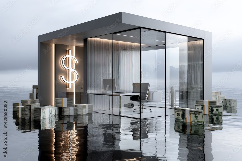 Modern Office Floating on Water Surrounded by Stacks of Cash