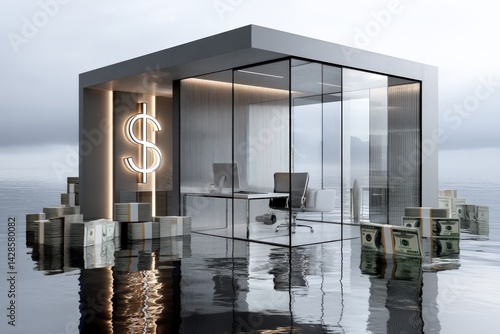 Obraz na płótnie Modern Office Floating on Water Surrounded by Stacks of Cash w salonie