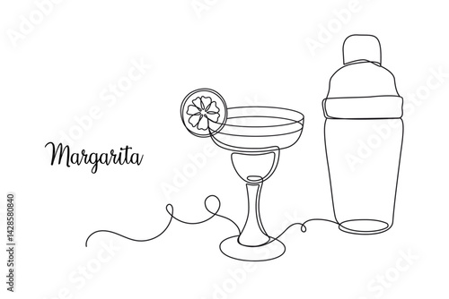 Margarita with Cocktail Shaker. Continuous One Line Vector Illustration.