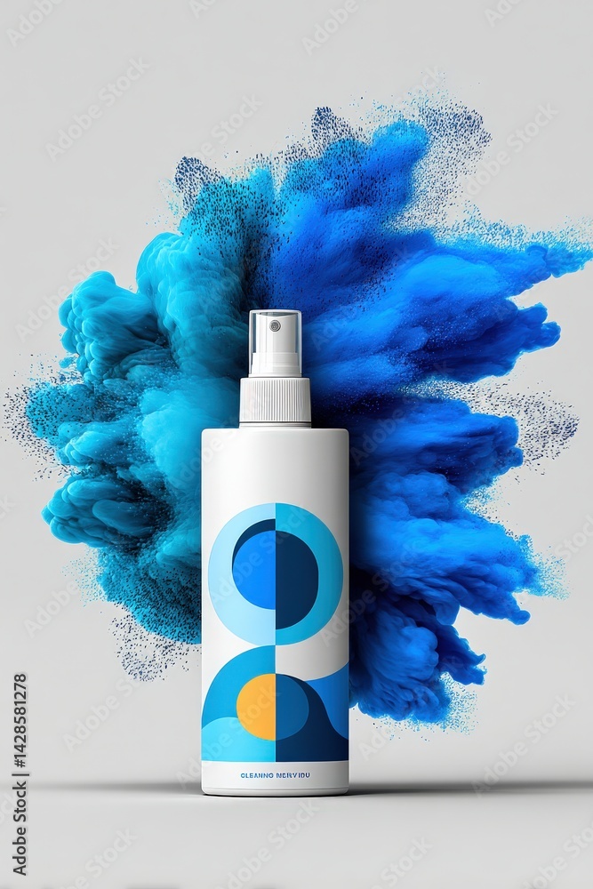 Modern Spray Bottle with Blue Abstract Background Design