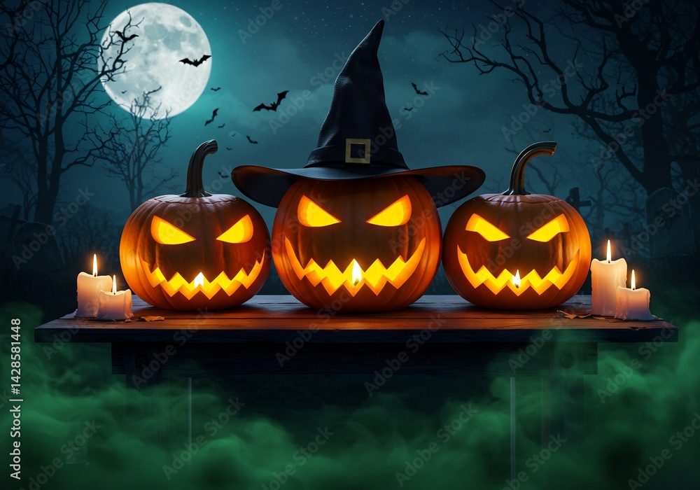 Three Jack-o'-Lanterns Glowing on a Table at Night Three Jack-o'-Lanterns Glowing on a Table at Night
