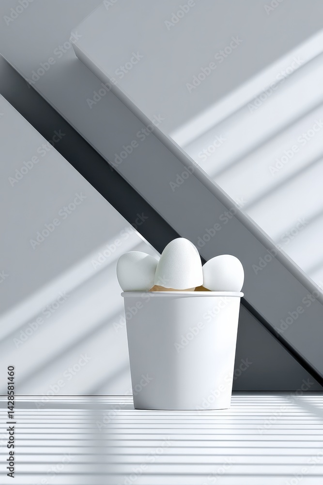 Modern Still Life with White Eggs in Minimalist Container