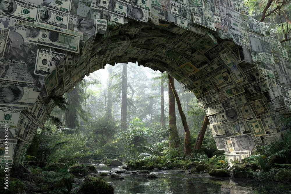 Money Bridge in Lush Forest Looking Over Calm Stream Surrounded by Nature