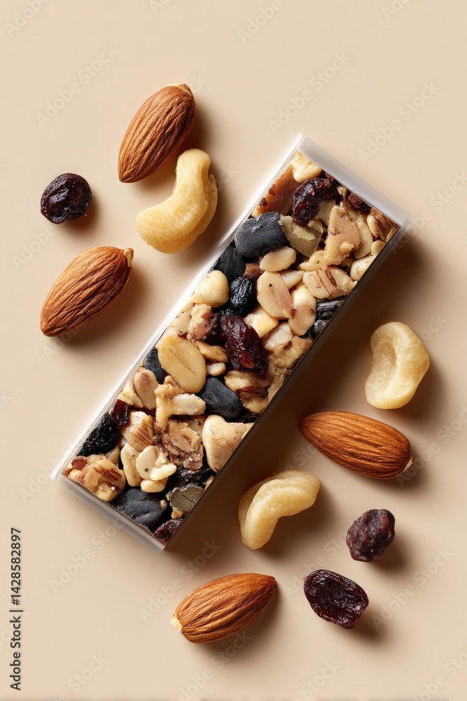 Nut and Fruit Energy Bar Surrounded by Nuts and Dried Fruits