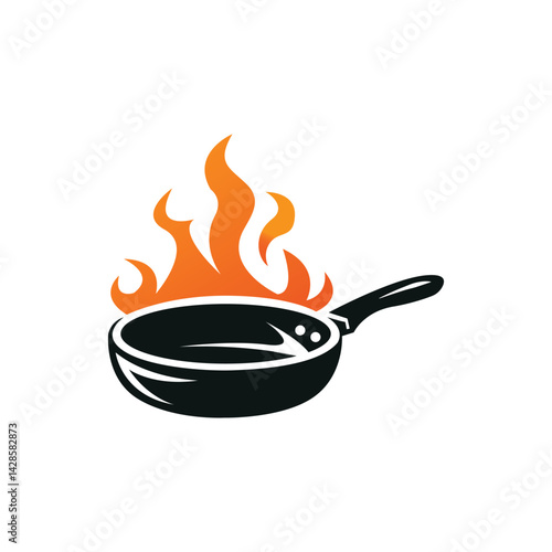 Frying Pan with Flaming Fire on White Background