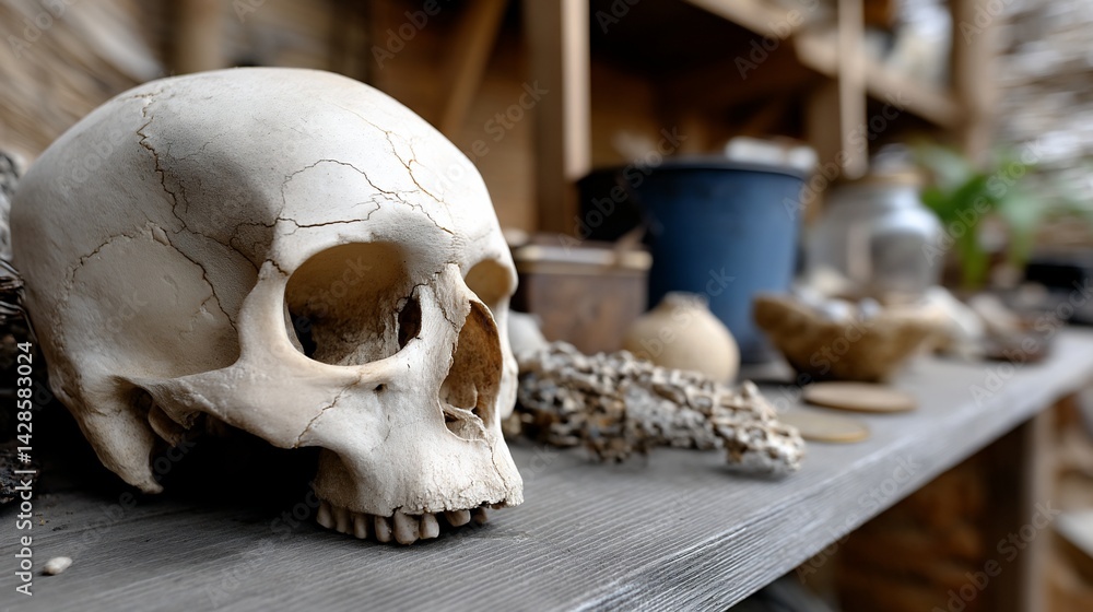 A single human skull rests on a rustic wooden shelf, amidst various antique and decorative items A single human skull rests on a rustic wooden shelf, amidst various antique and decorative items