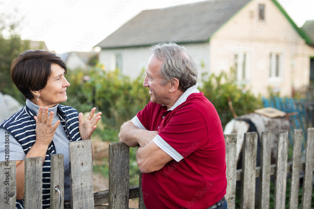 Neighbors standing at fence outdoors and having conversation. Village residents talking