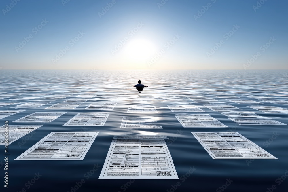 Person Floating in Ocean Surrounded by Paperwork Under Bright Sky