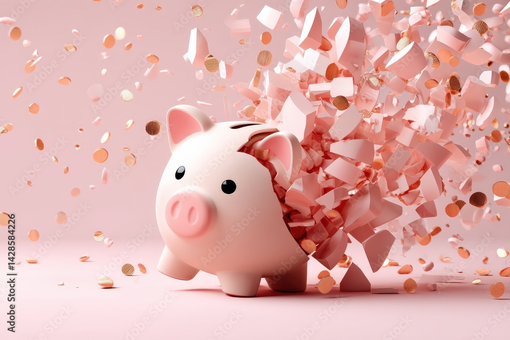 Piggy Bank Explosion with Coins and Shattered Pieces in Pink Background