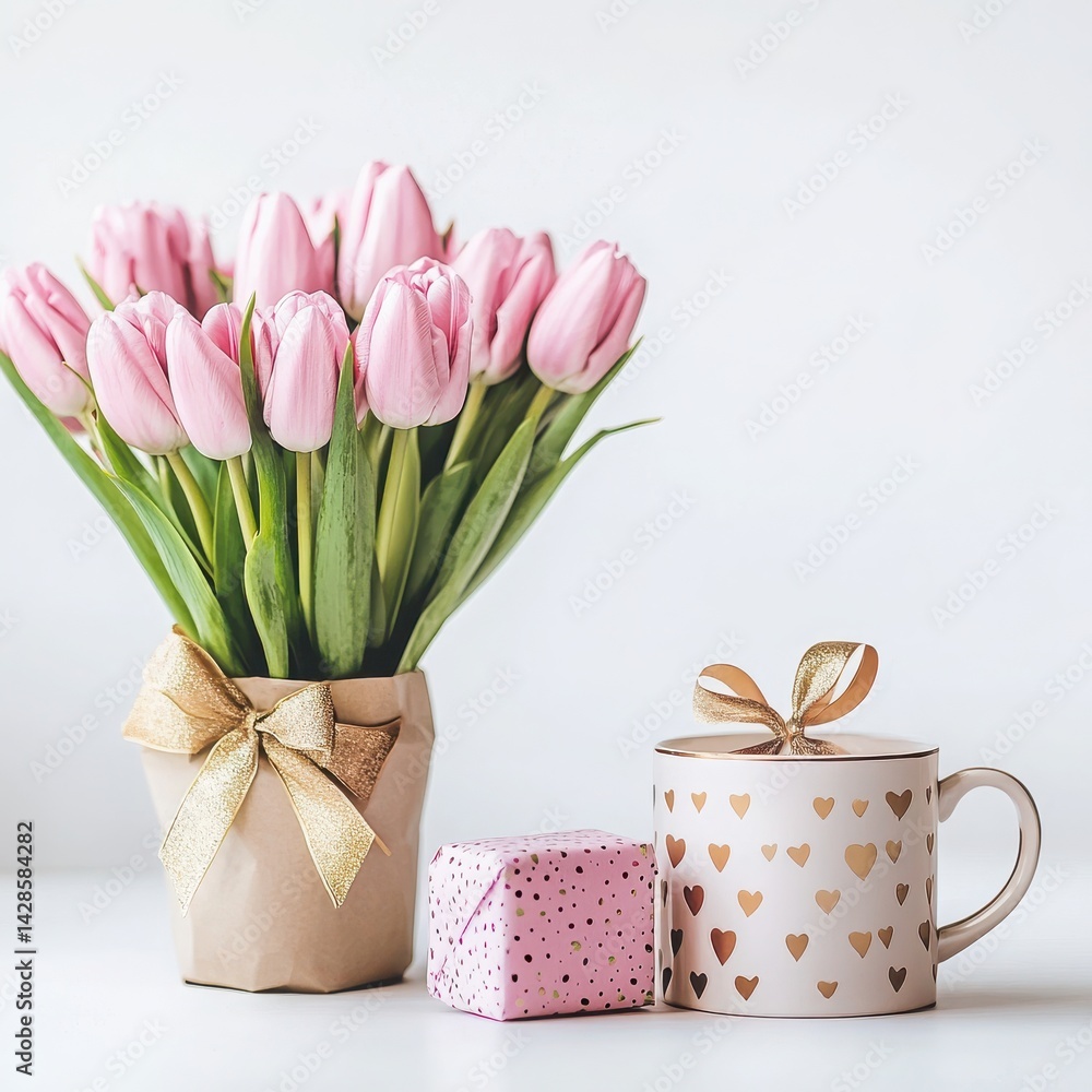 Fototapeta premium Pink tulips bouquet with gift box and heart patterned mug