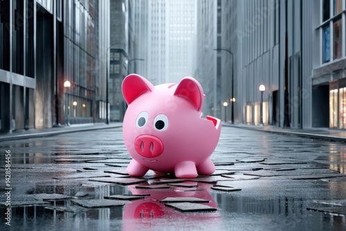Obraz na płótnie Pink Piggy Bank on Urban Street Amidst Tall Buildings and Lights w salonie