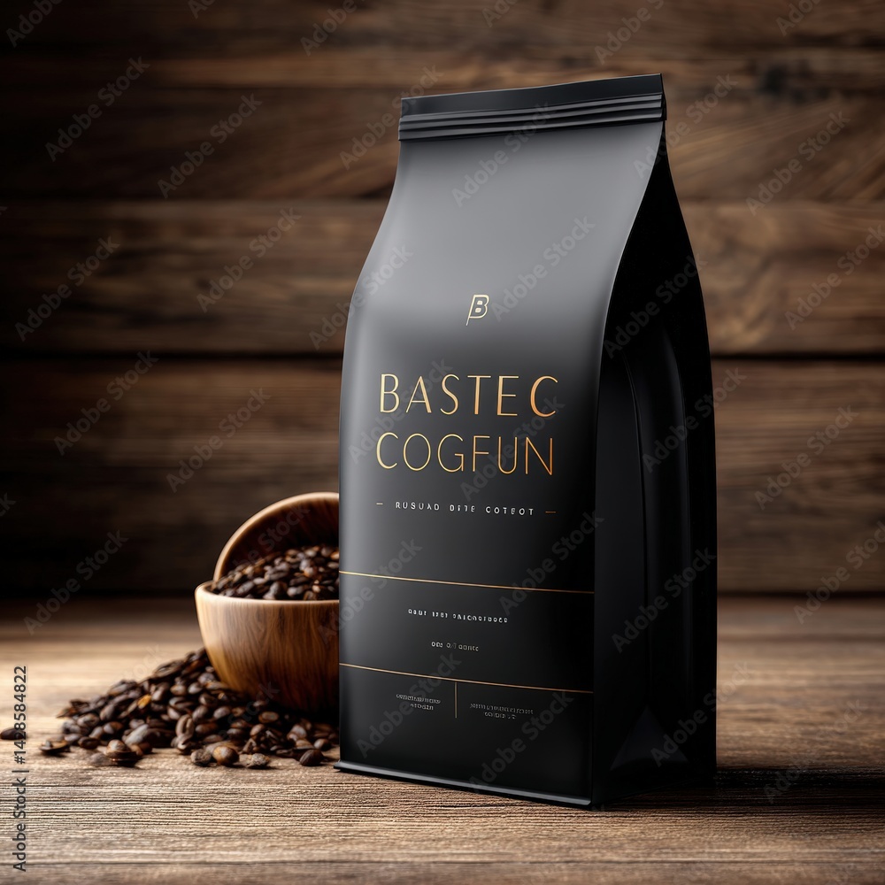 Premium Coffee Bag with Black Packaging and Wooden Bowl of Beans