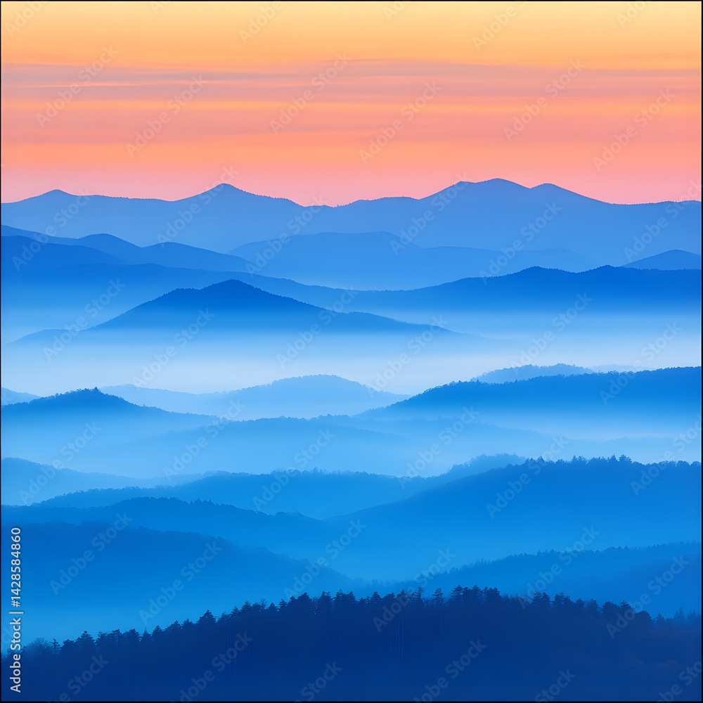 Fototapeta premium Serene Blue Ridge Mountains at Dawn Misty Layers of Peaks and Valleys