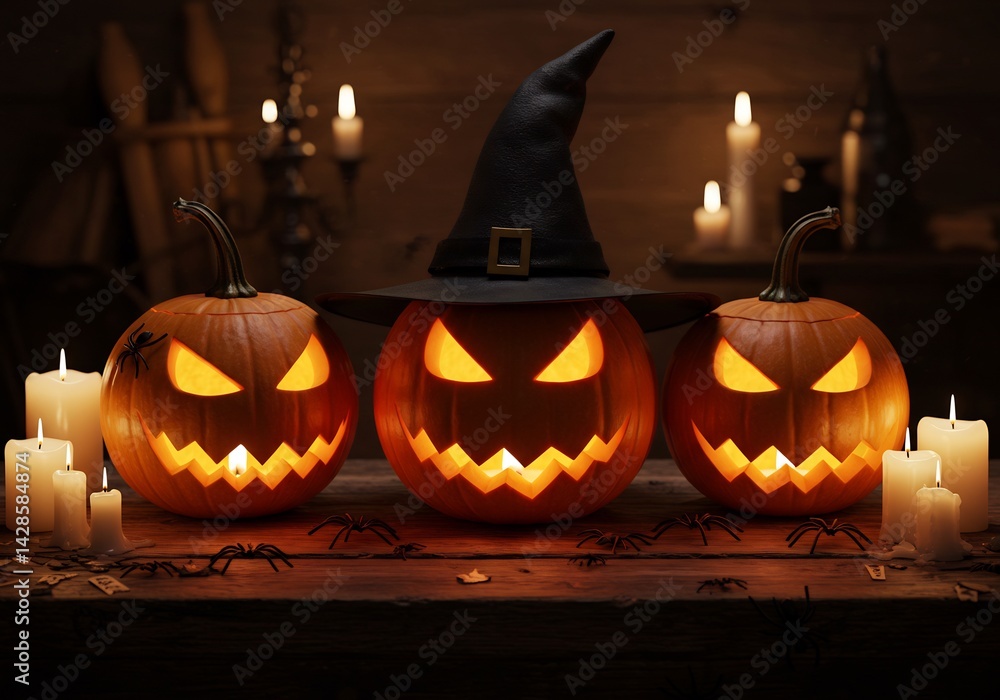 Three Jack-o'-Lanterns with Witch's Hat and Candles Three Jack-o'-Lanterns with Witch's Hat and Candles