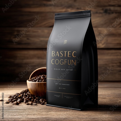 Obraz na płótnie Premium Coffee Bag with Black Packaging and Wooden Bowl of Beans w salonie