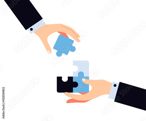 Biznesowa synergia i współpraca - dłonie łączące elementy puzzli, wektorowa ilustracja symbolizująca partnerstwo, rozwiązywanie problemów i strategiczne dopasowanie w biznesie