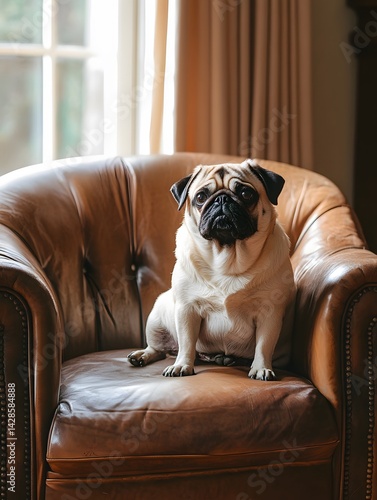 Charming Pug Relaxing on a Brown Leather Chair: The Perfect Companion in Elegant Home Decor