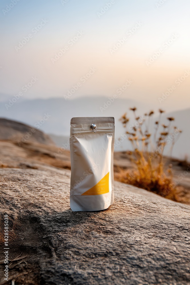 Pouch package on rocky surface with blurred mountain background