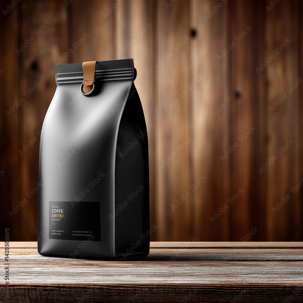 Premium Coffee Bag with Minimalist Design on Rustic Wooden Table