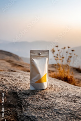 Obraz na płótnie Pouch package on rocky surface with blurred mountain background w salonie