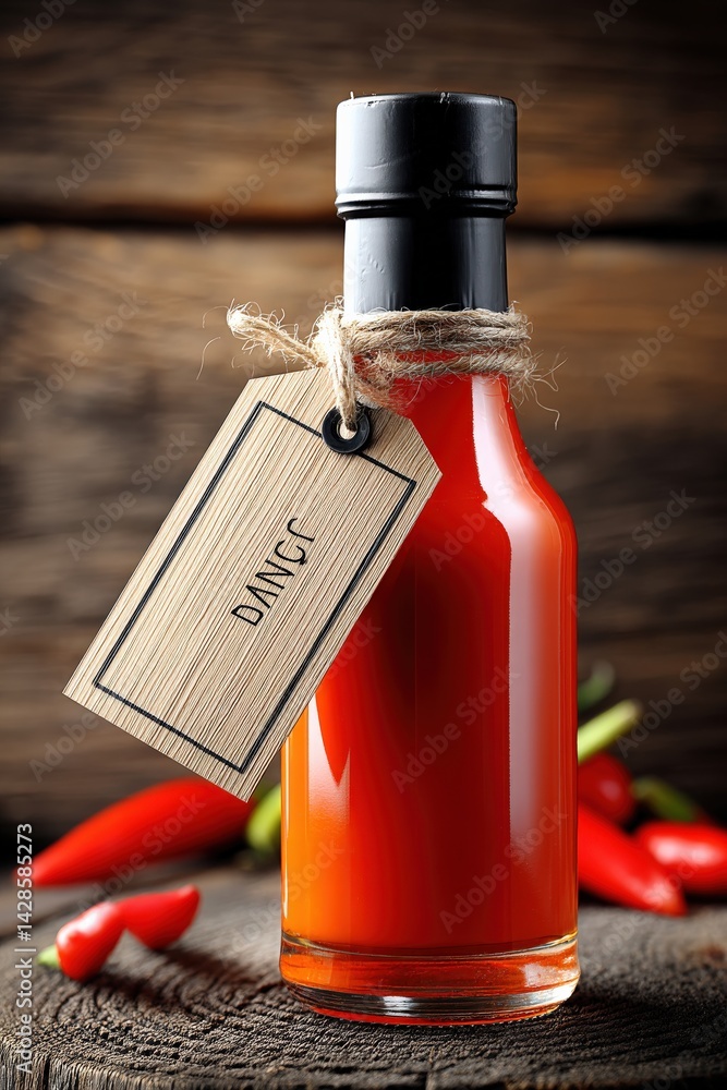 Red Chili Sauce Bottle with Tag and Fresh Chili Peppers