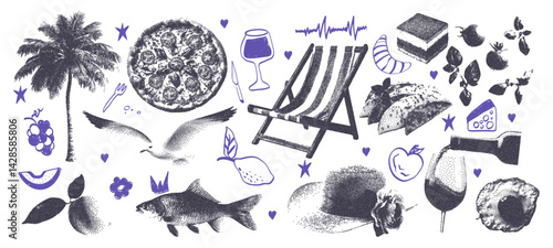 Mediterranean summer photocopy collage with grunge doodle scribbles collection. Elements pizza, fish, cheese, tomato, lemon, wine, seagull, beach lounger. Modern retro vector illustration.